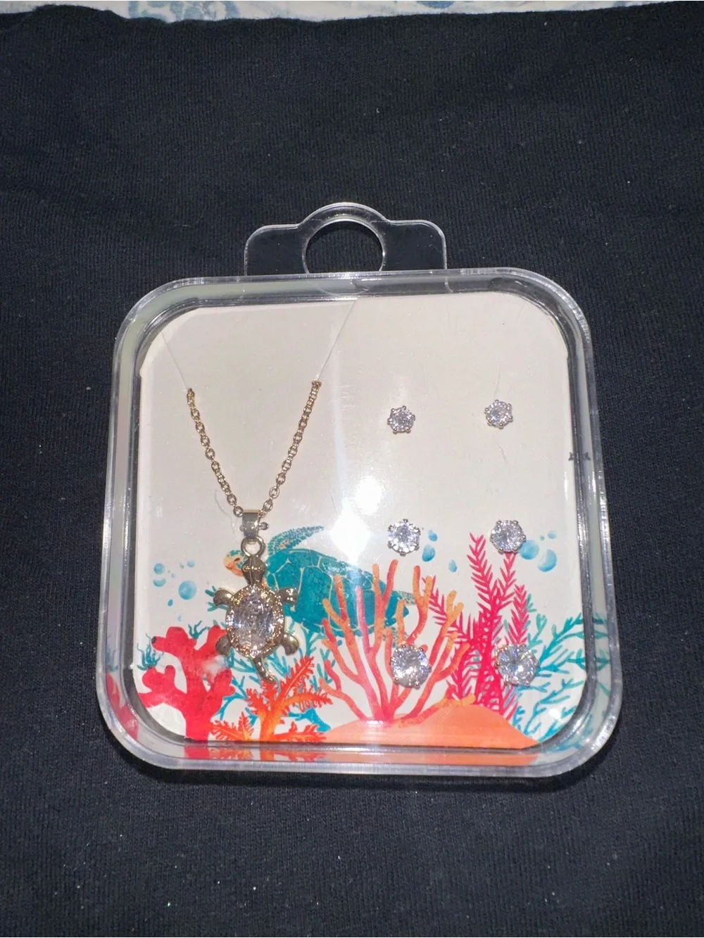 Gold Turtle Pendant Necklace with Crystal Stud Earring Set - Gold